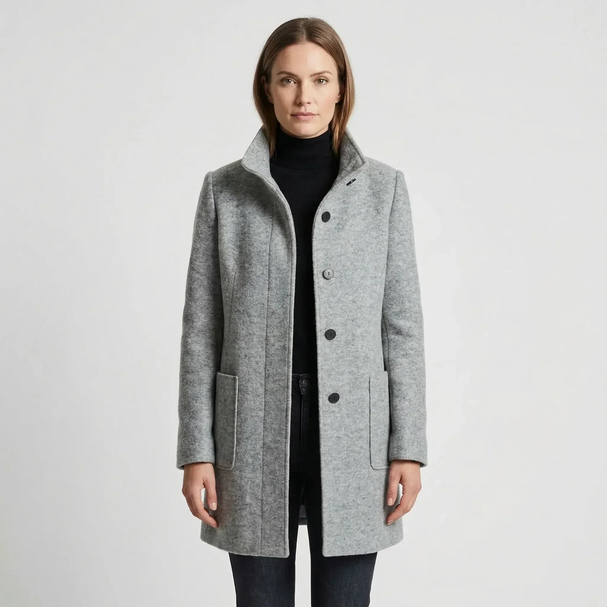 Outerwear : Women's Mid-Length Coat - Stand-Up Collar with Single-Breasted Buttons in van Vanda Liamo