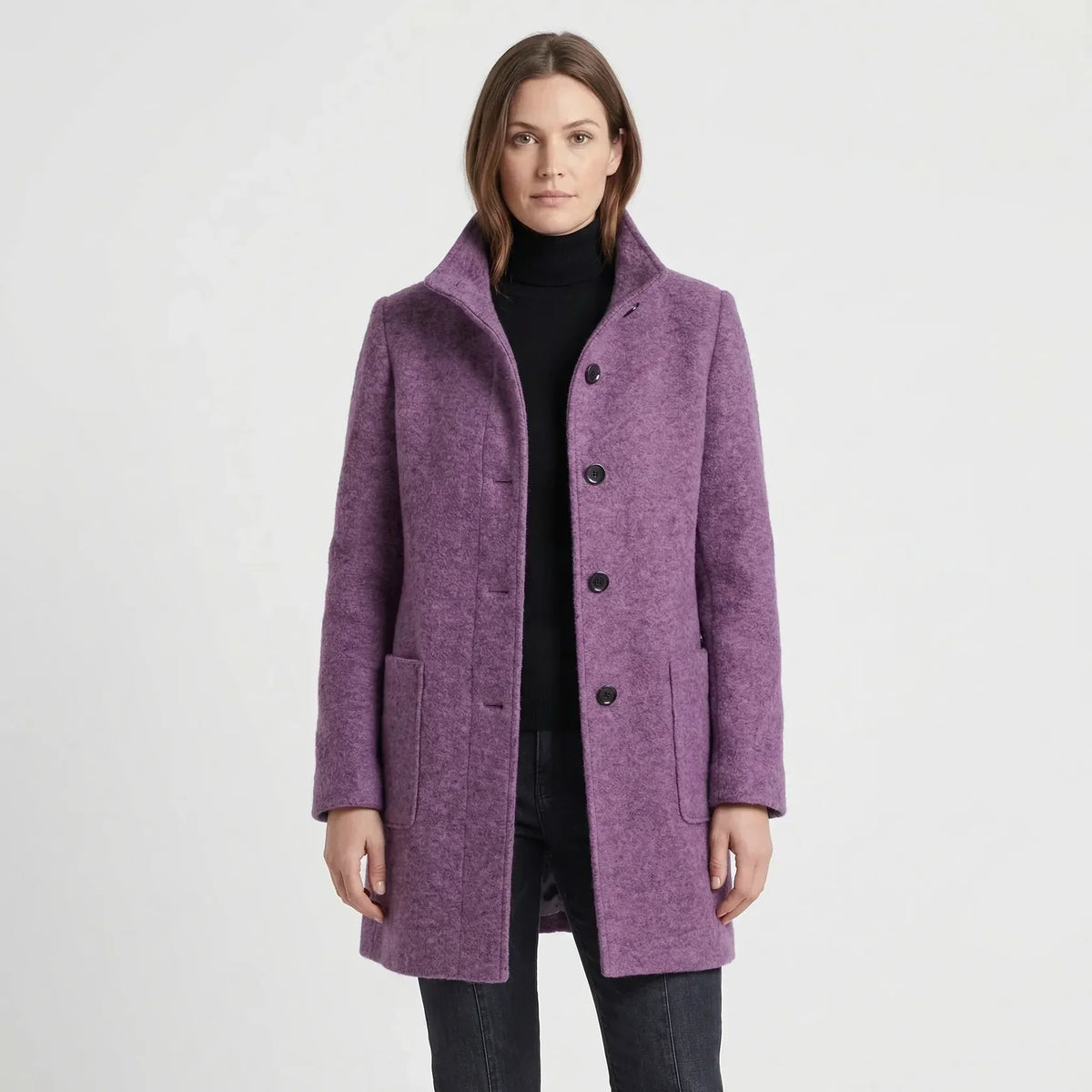 Outerwear : Women's Mid-Length Coat - Stand-Up Collar with Single-Breasted Buttons in van Vanda Liamo