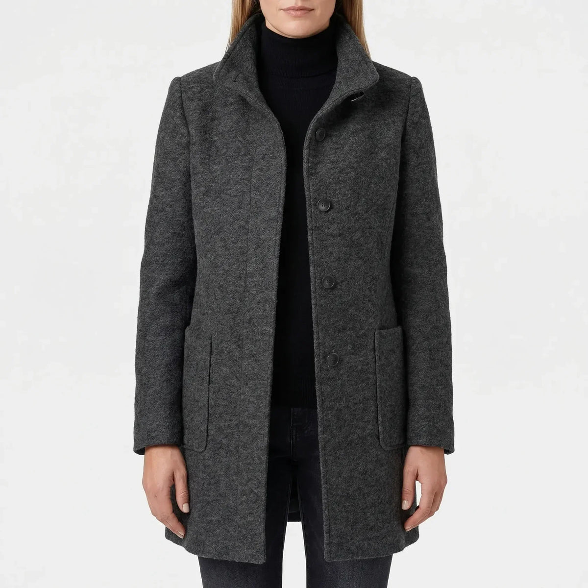 Outerwear : Women's Mid-Length Coat - Stand-Up Collar with Single-Breasted Buttons in van Vanda Liamo