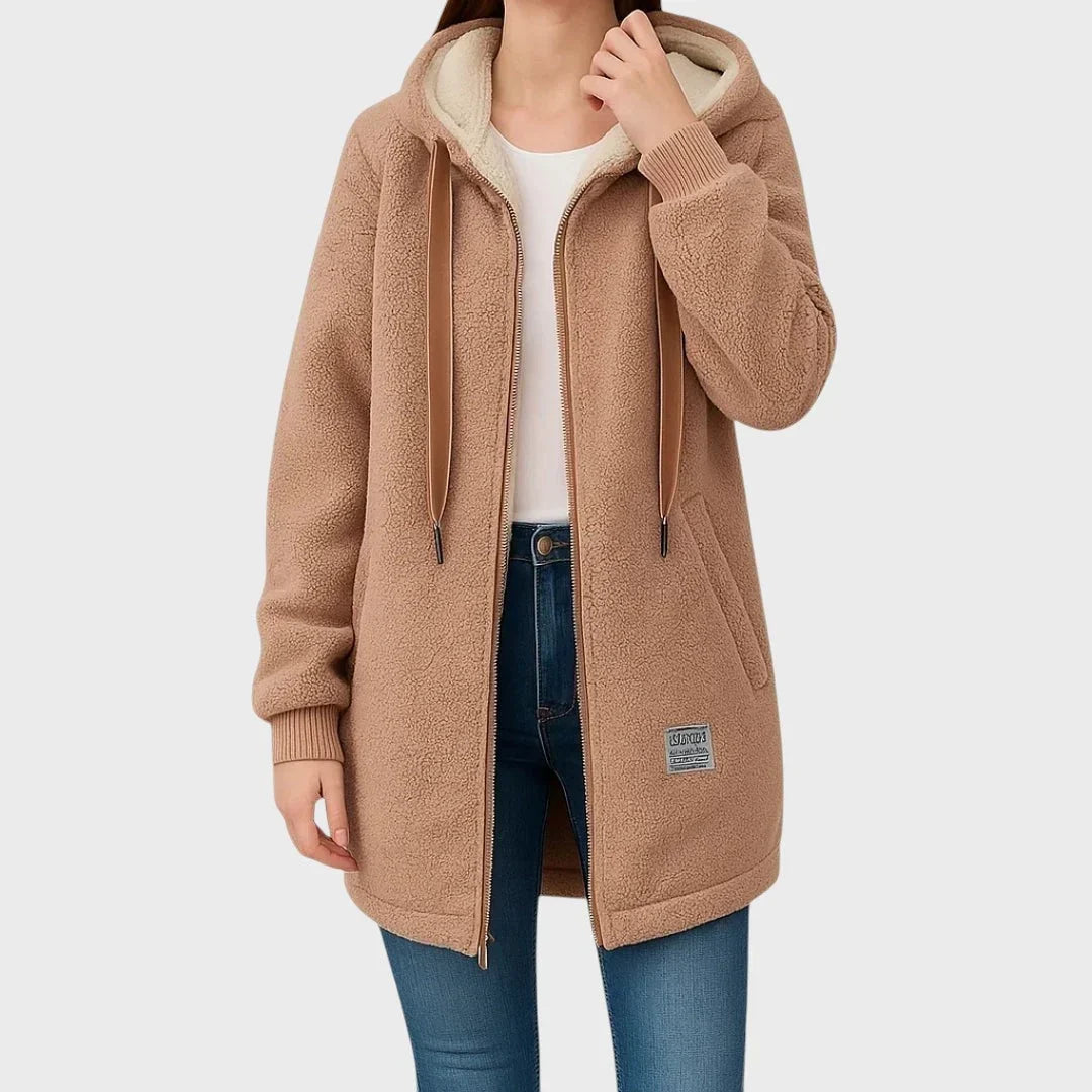 Jacket : Women's Hooded Teddy Jacket with Zip Closure in Brown van Vandaliamo