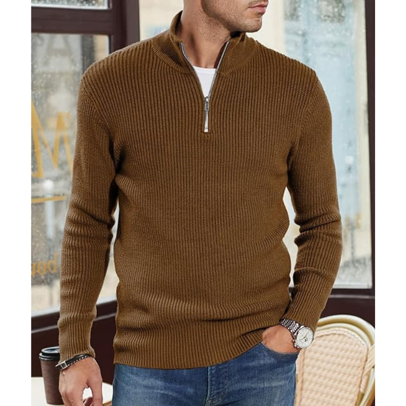 Menswear/Knitwear : Men's Half-Zip Turtleneck Sweater - Warm Knit, Regular Fit in Zwart van Vanda Liamo