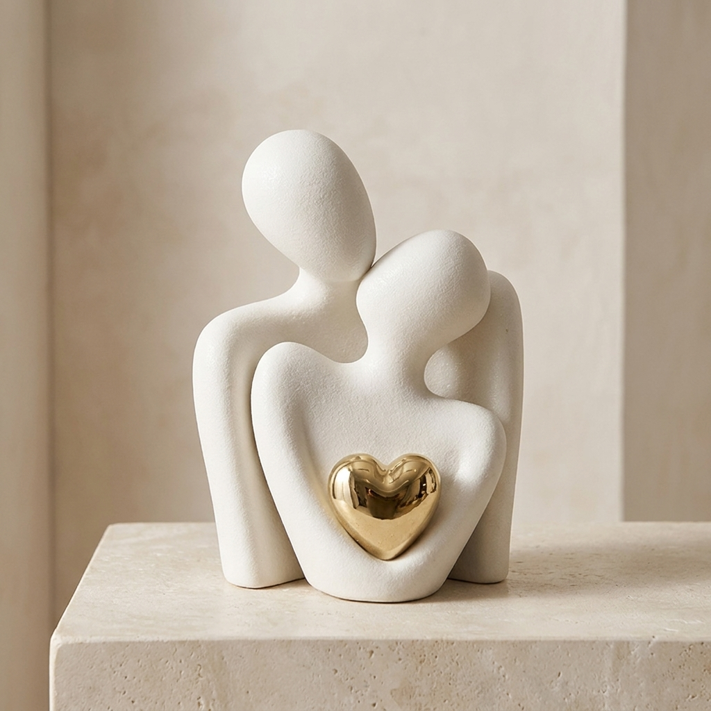 Couple Hugging Figurine – Modern Sculpture with Heart Detail