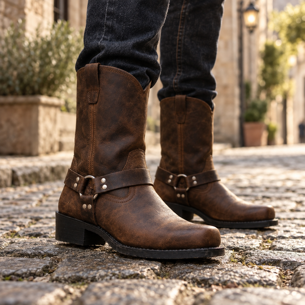 Boots : Men's Western Boots with Harness Strap and Metal Details in van Vanda Liamo
