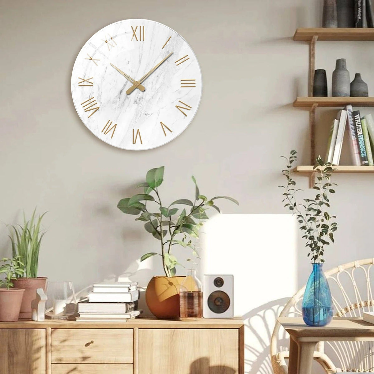 Marble-Effect Wall Clock – Gold Roman Numerals & Classic Elegance