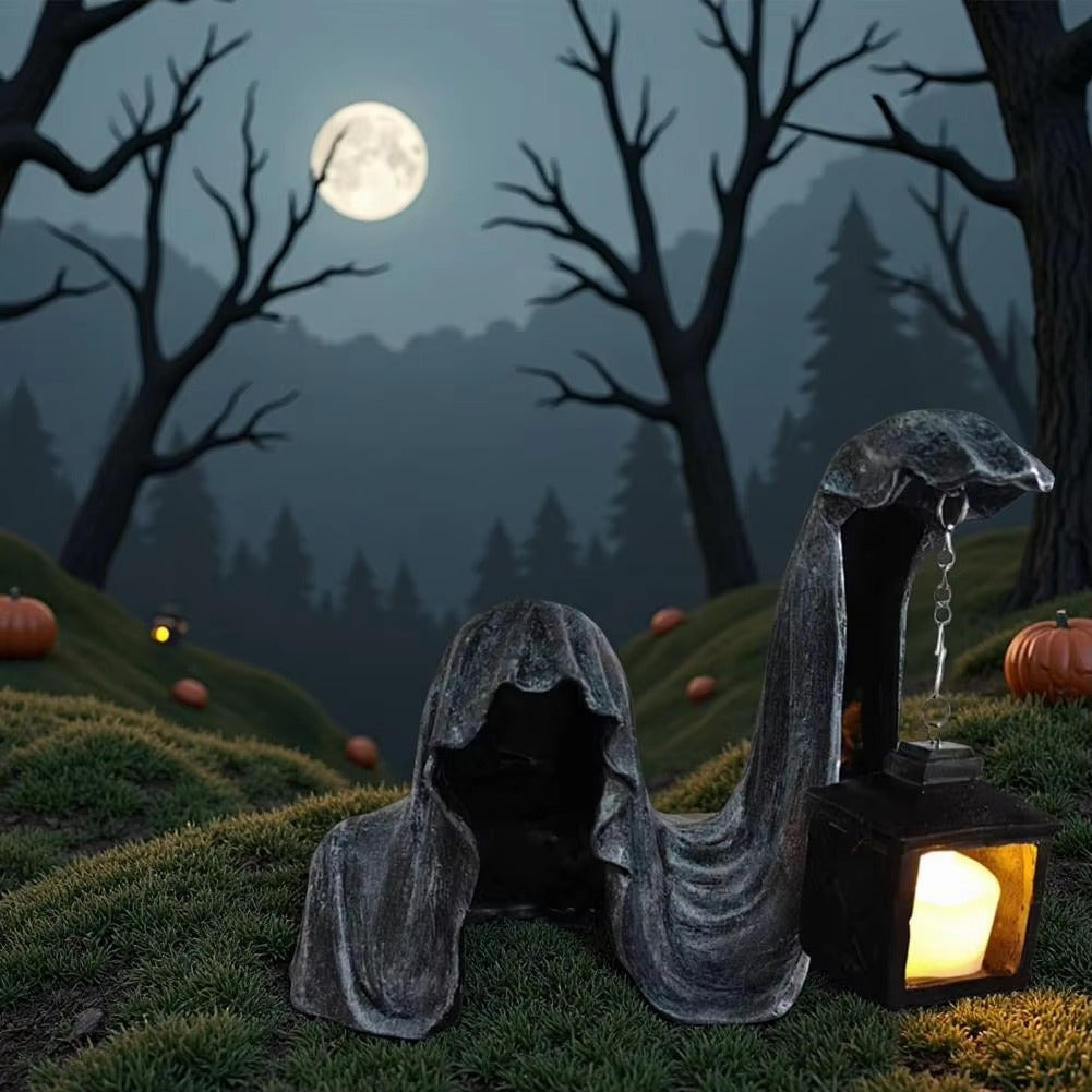 Ghost Figure with Lantern - Glowing Halloween Decoration Gray