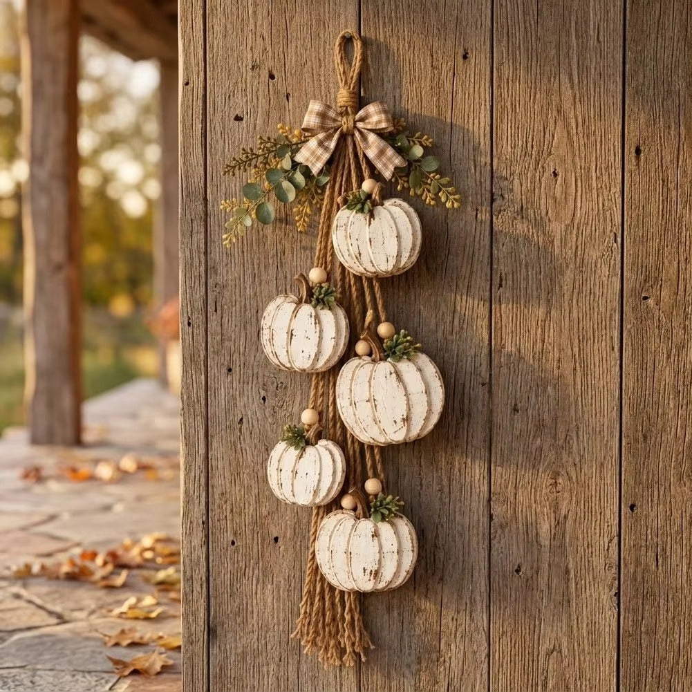 Wooden Pumpkin Door Hanger - 5-Piece Set with Plaid Bow