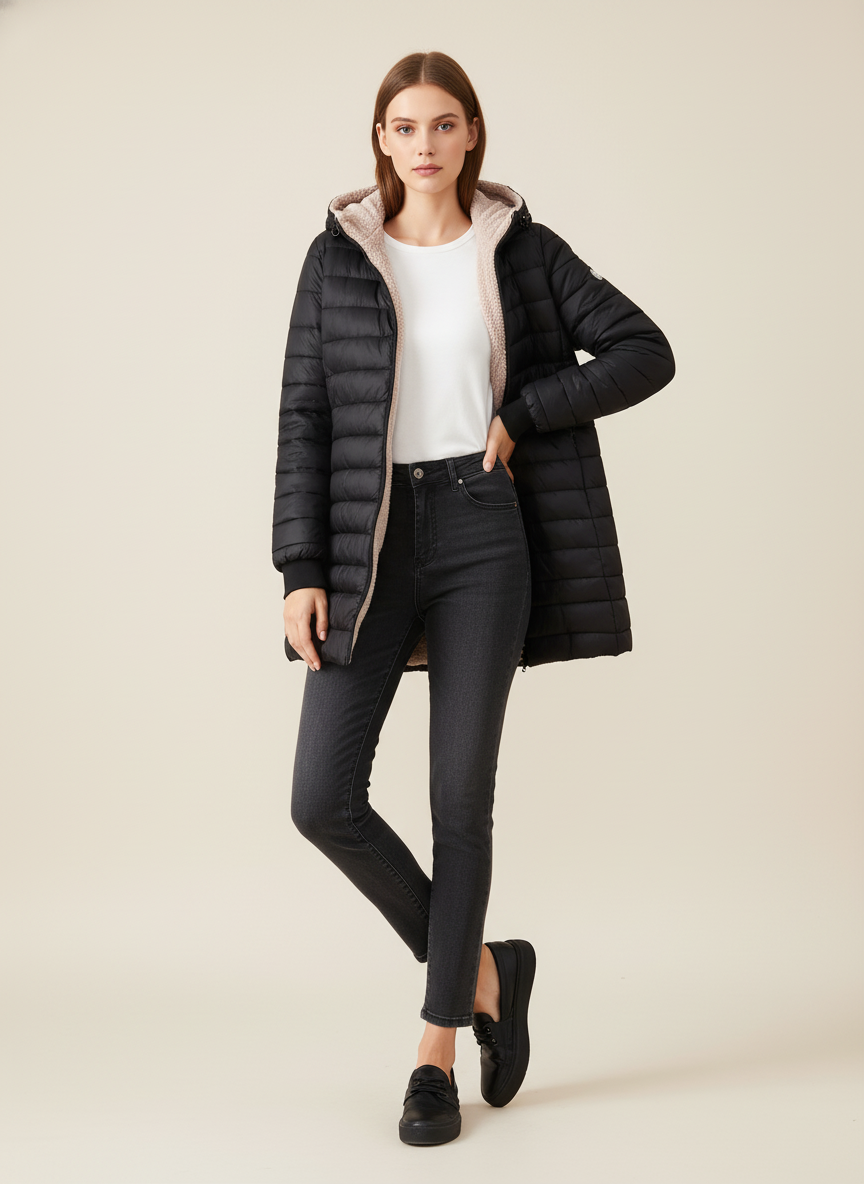 Women's Mid-Length Hooded Fleece-Lined Jacket