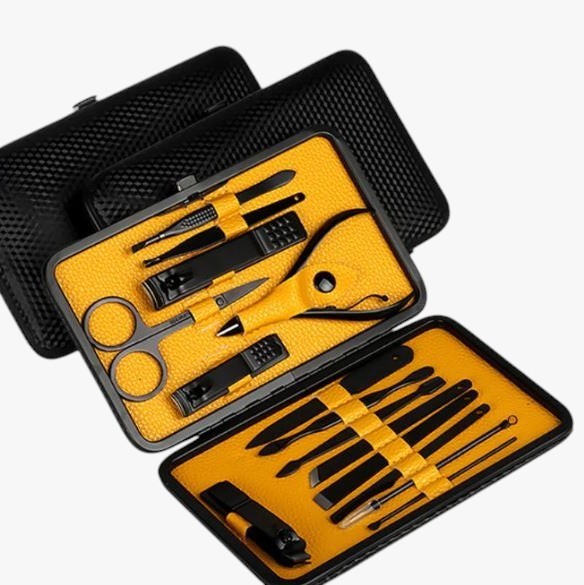 Roselva 15-piece professional manicure and pedicure set with black steel tools in a yellow and black PU leather case