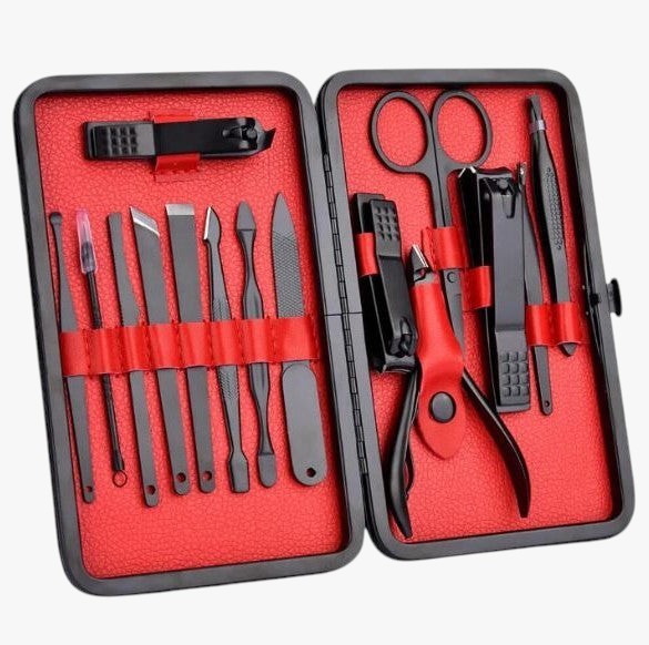 Roselva 15-piece professional manicure and pedicure set with black steel tools in a red and black PU leather case.
