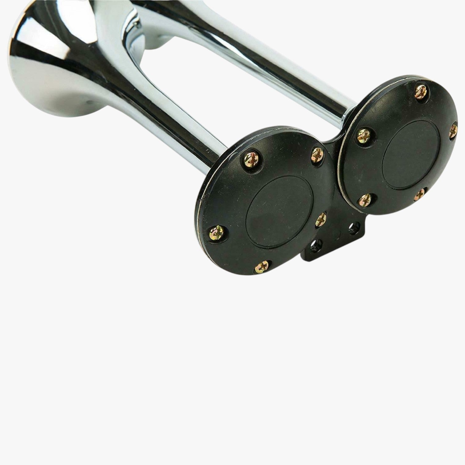 Roselva dual trumpet air horn featuring shiny chrome finish and black circular rear mounts for 12V vehicle installation