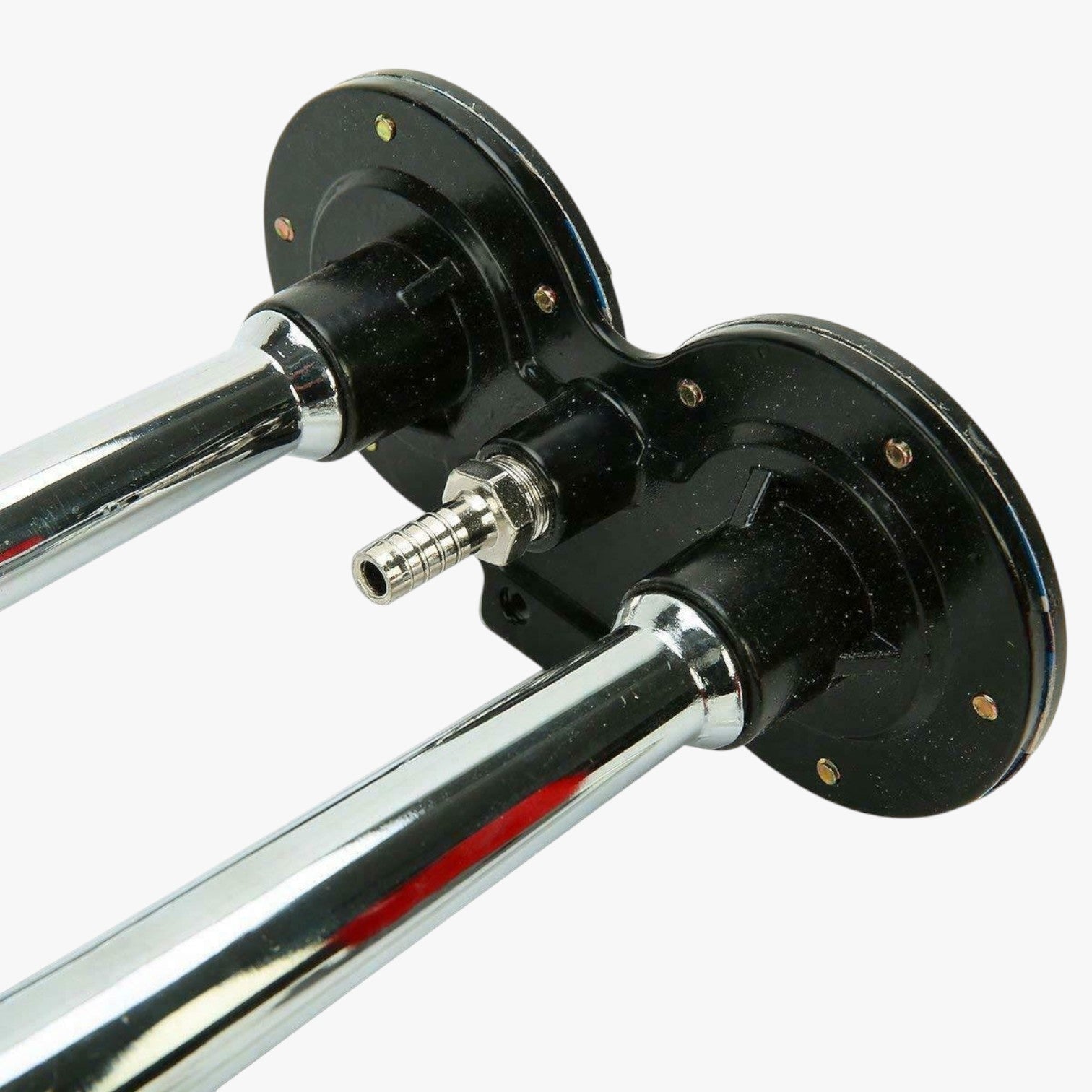 Roselva dual trumpet air horn featuring chrome finish and black mounting base for 12V vehicles