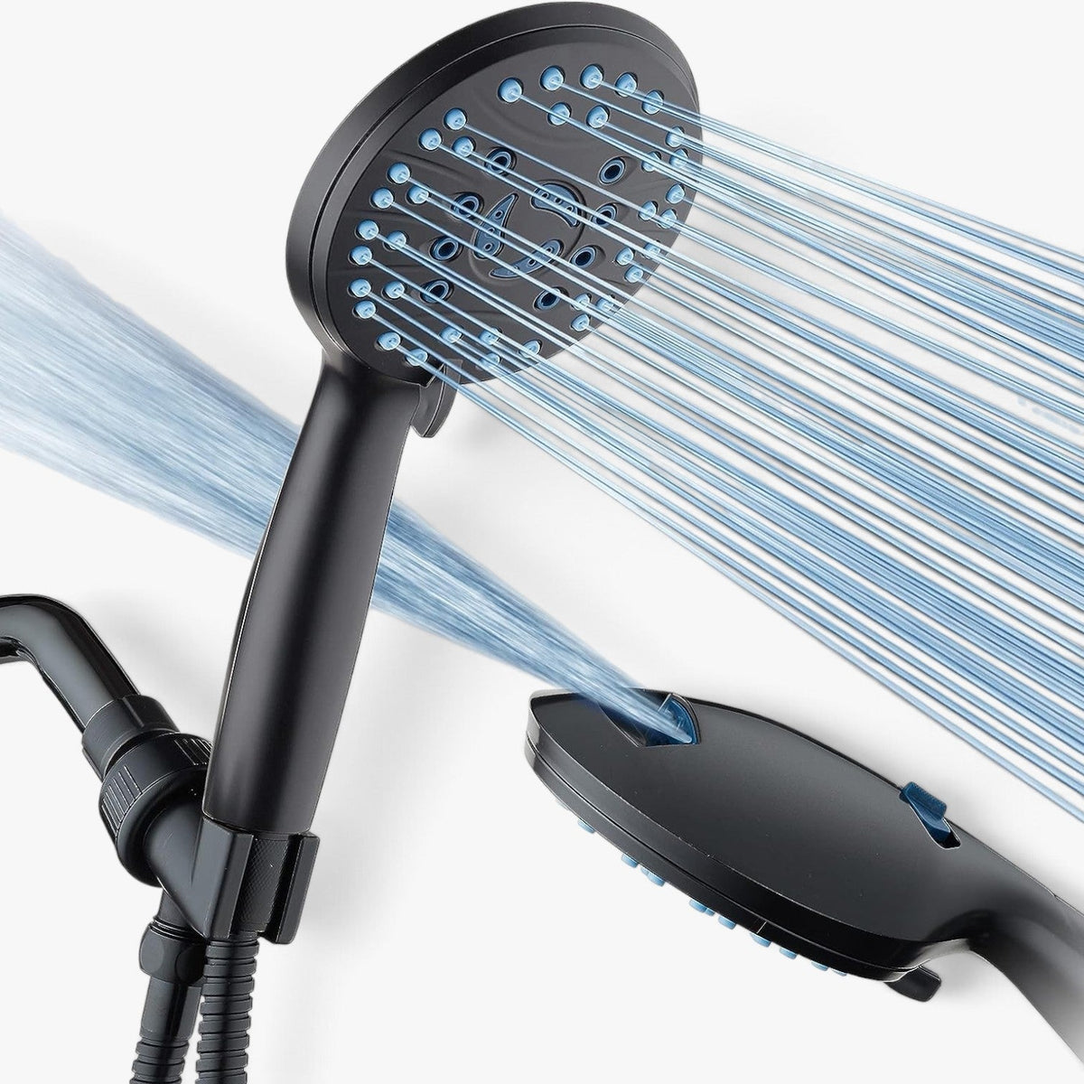 Roselva handheld shower head with matte black finish, featuring multiple spray settings and a high-pressure hose.