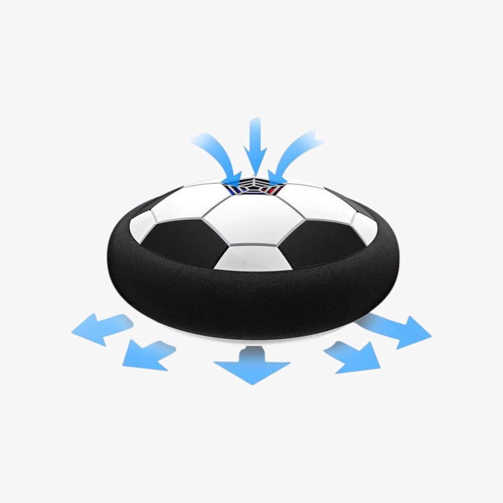 Roselva hover soccer ball with black and white pattern and protective foam bumper showing air flow for indoor play