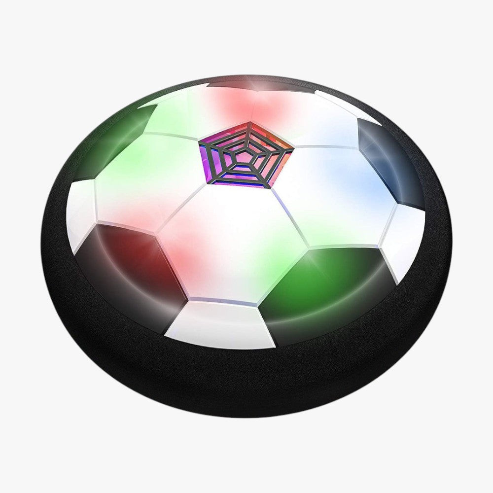 Roselva hover soccer ball with a black foam bumper and glowing multi-color LED lights for indoor play