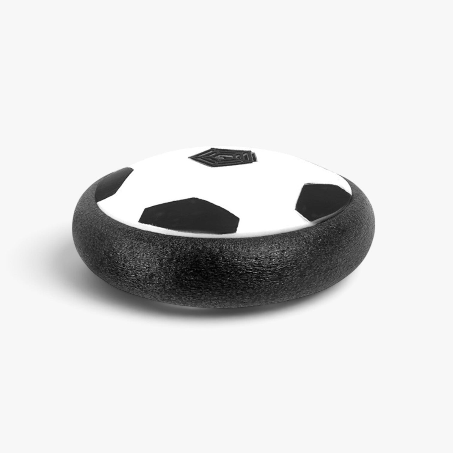 Roselva hover soccer ball with a black foam bumper and classic black and white pattern for safe indoor play
