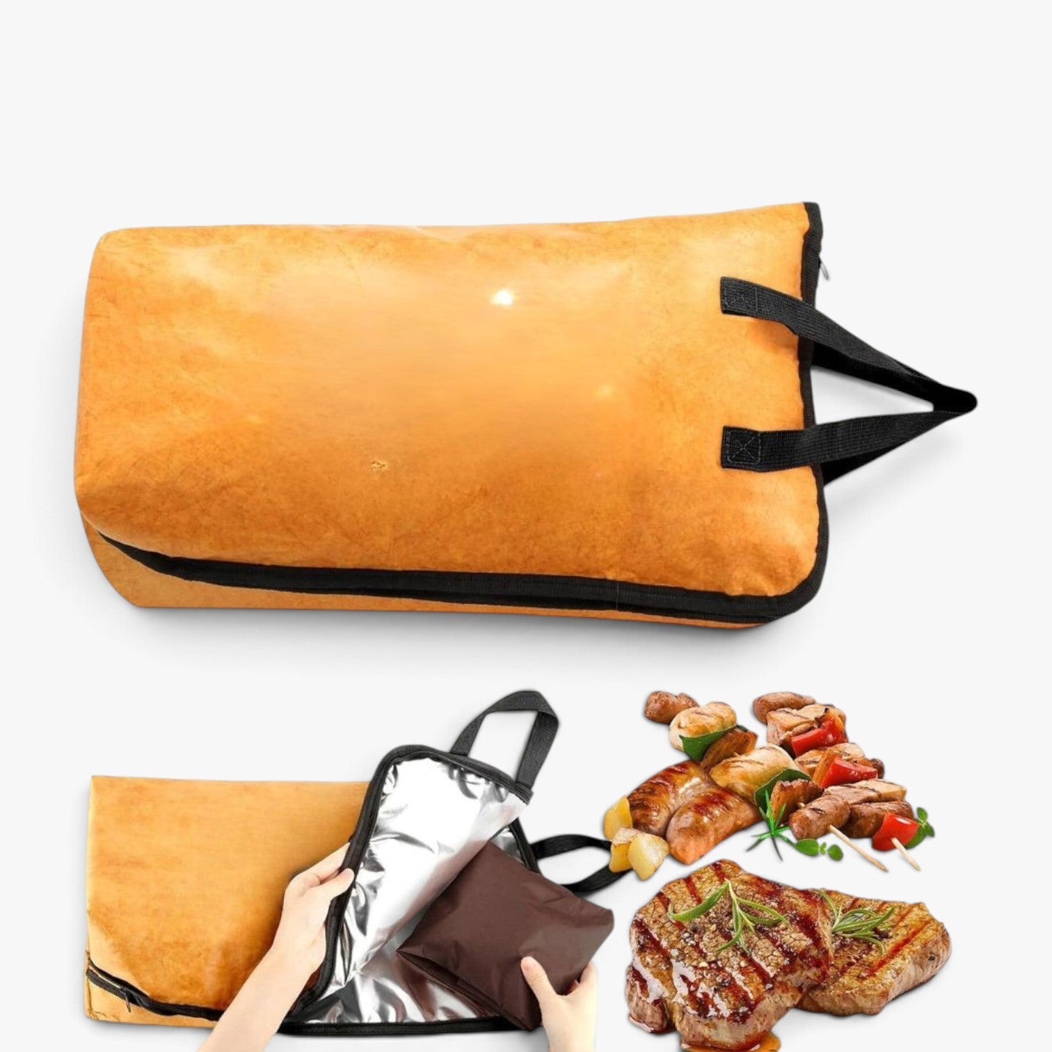 Roselva insulated BBQ meat resting bag in orange with black handles and reflective silver interior lining