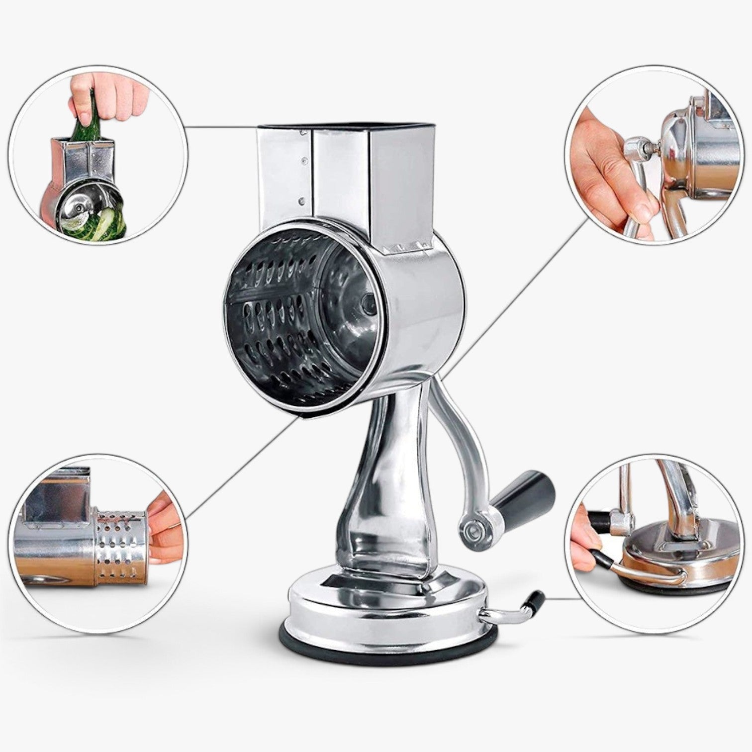 Roselva multi-functional stainless steel rotary food grater with five interchangeable drum blades and suction base