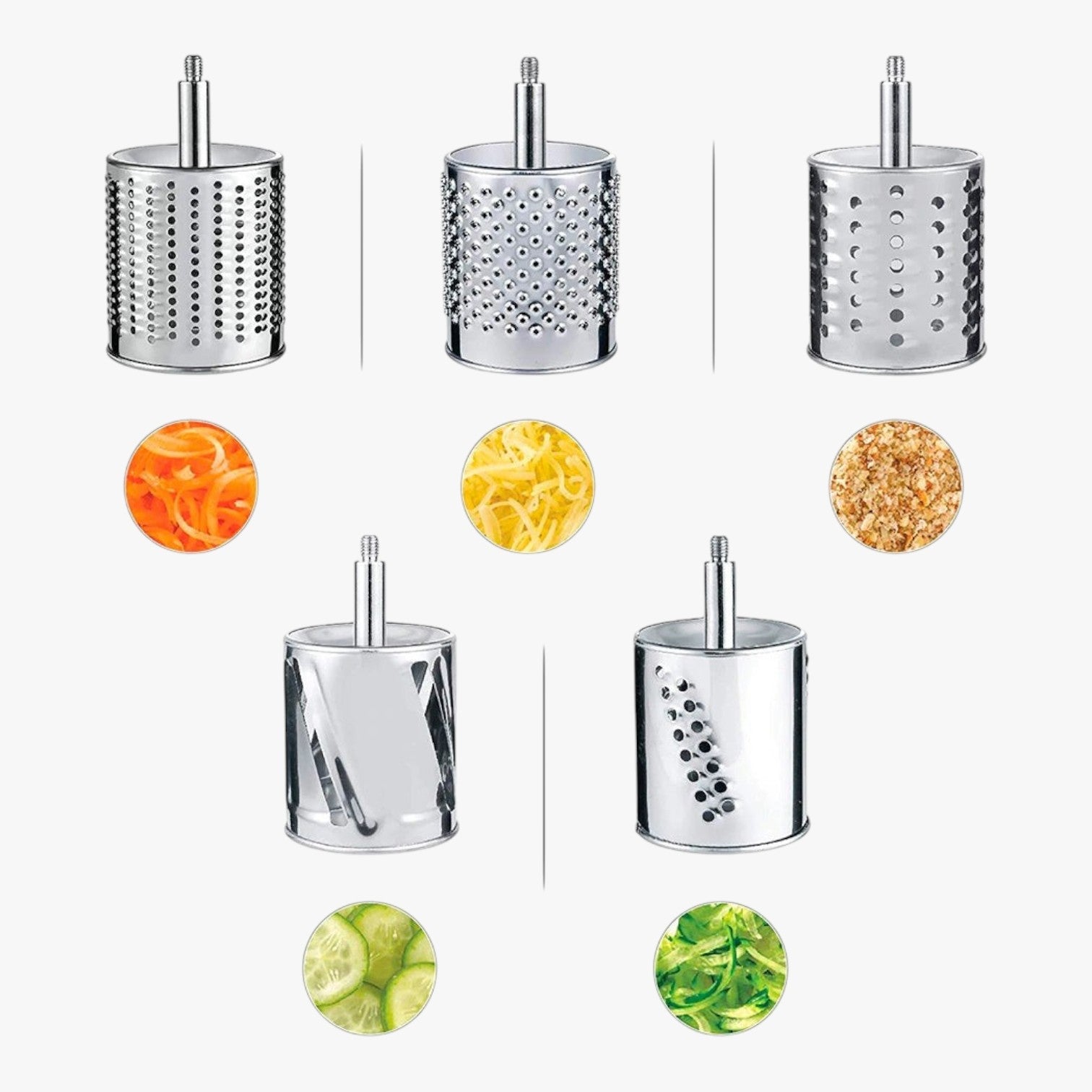 Roselva set of five stainless steel rotary grater drum blades for shredding, slicing, and grating kitchen vegetables