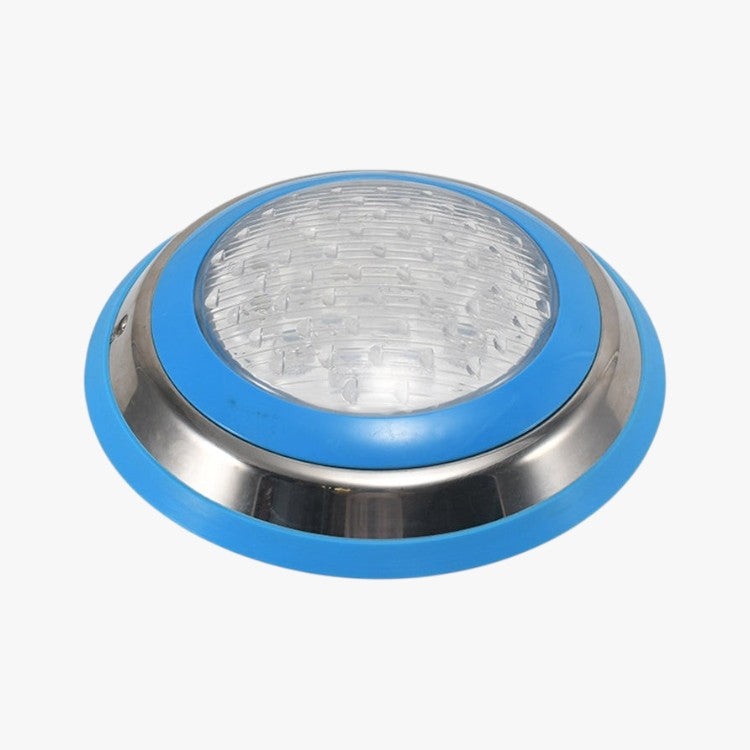Roselva 15W LED wall-mounted pool light with a stainless steel body, blue trim, and a textured PC underwater lens.