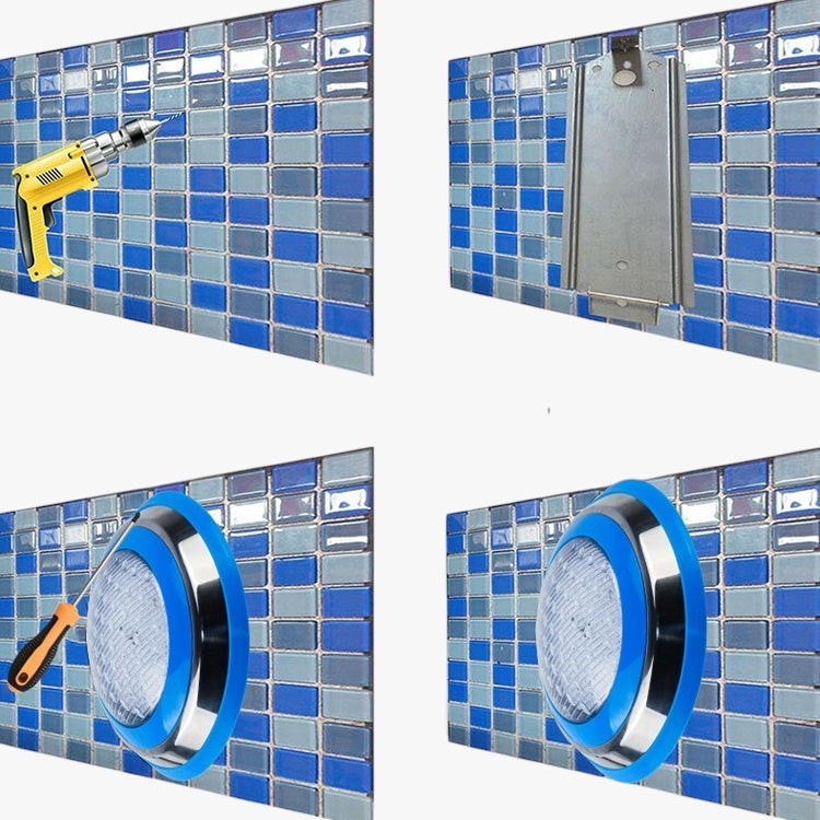 Roselva 15W LED stainless steel pool light showing the wall-mounting installation process on blue tiled pool wall