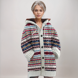 Fashion : Women's Hooded Knit Cardigan with Fair Isle Pattern in Multicolor van Vanda Liamo