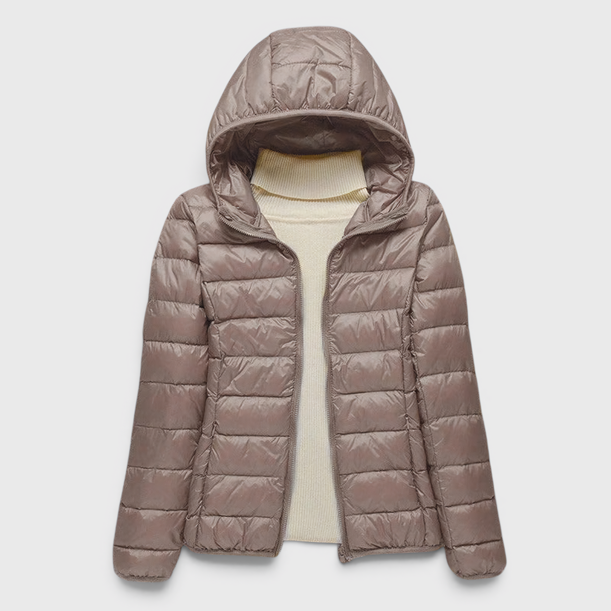 Fashion : Women's Quilted Puffer Jacket with Hood in Taupe van Vanda Liamo