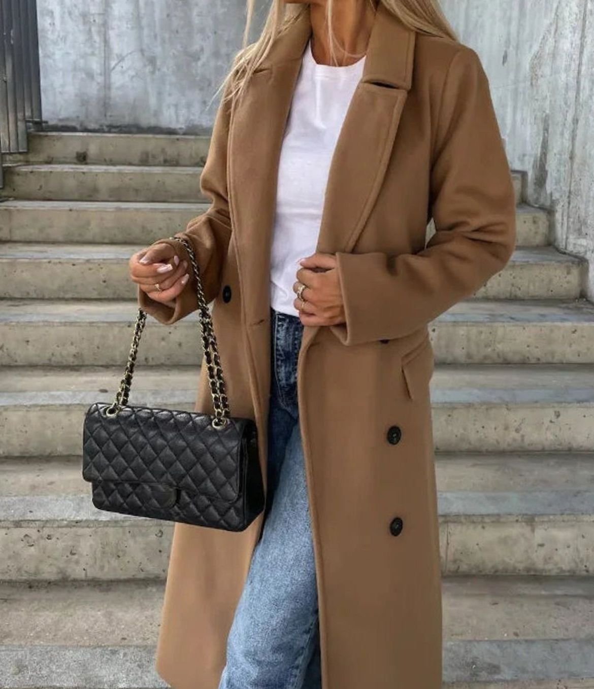 Fashion : Women's Double-Breasted Long Coat with Lapel Collar in van Vanda Liamo